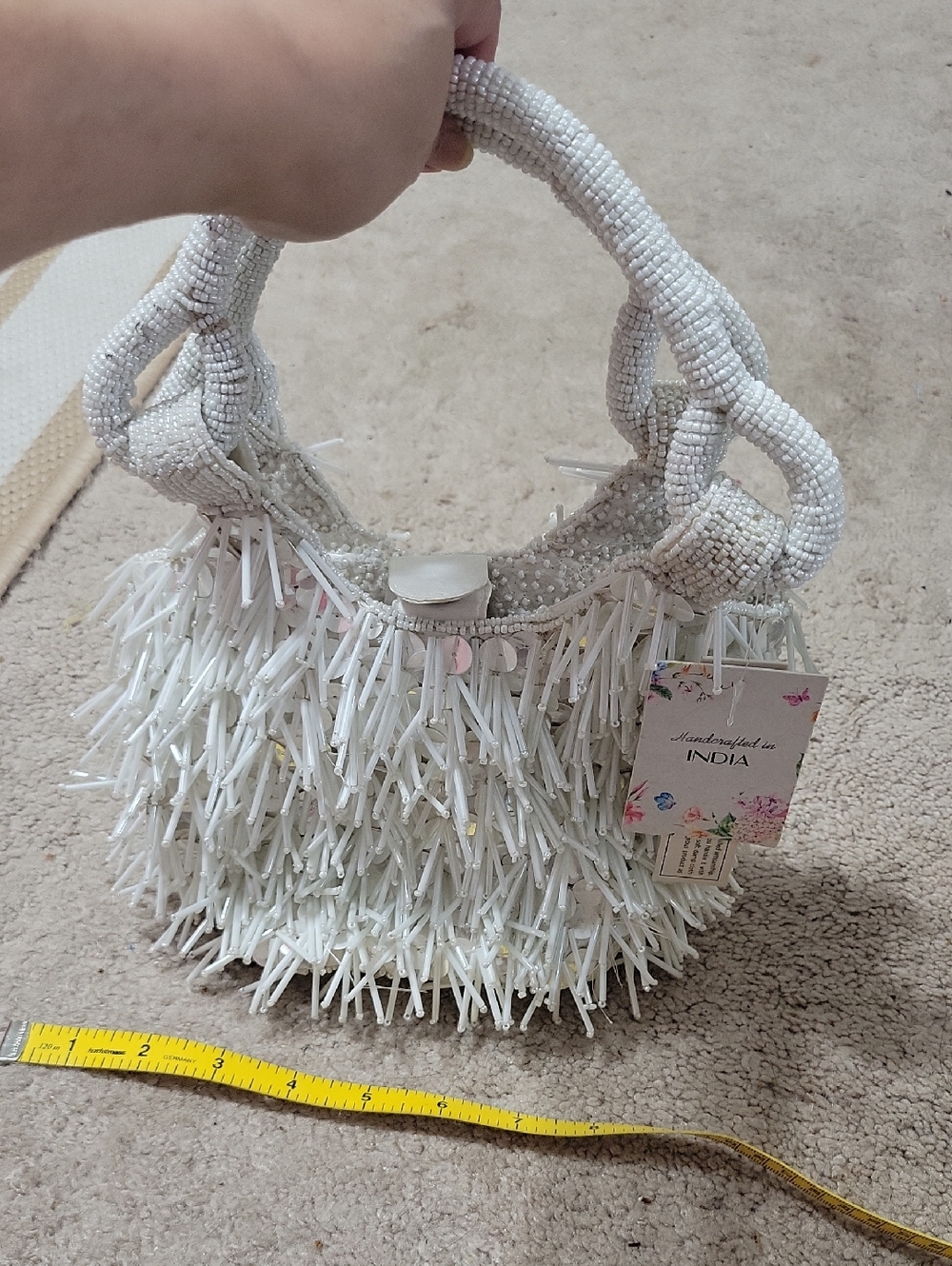 White Beaded Fringe Mini Handbag